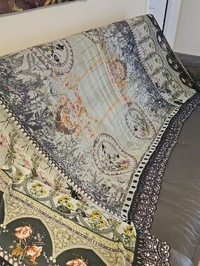 Pakistani Inspired Floral Garden Throw Cover in Sage Green/black W/Pearls 46" 86